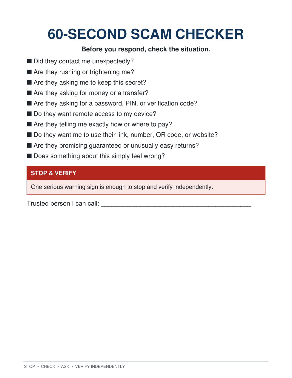 Actual 60-Second Scam Checker printable