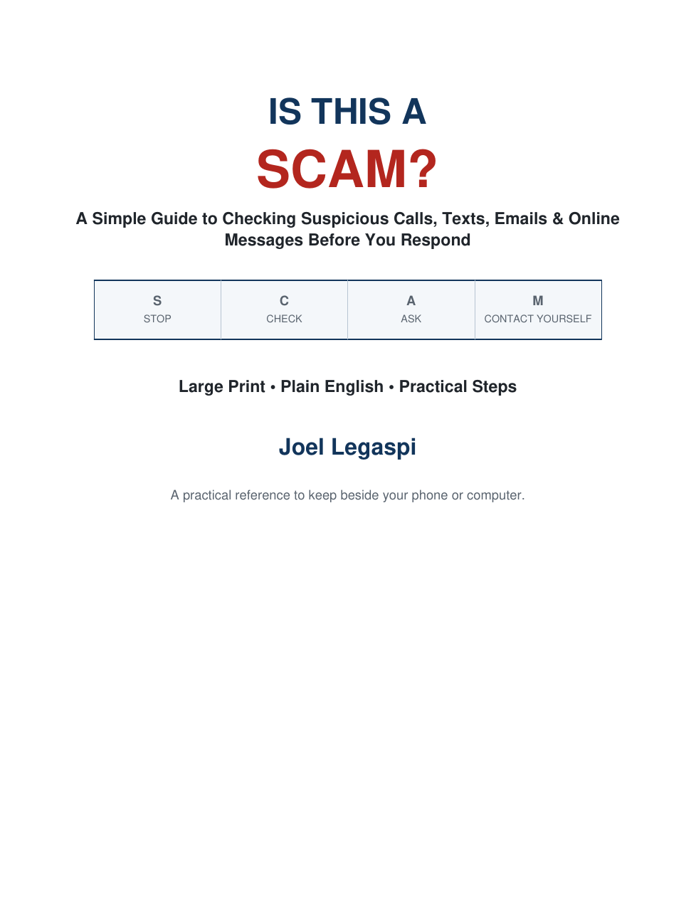 Actual cover page of the IS THIS A SCAM large-print guide
