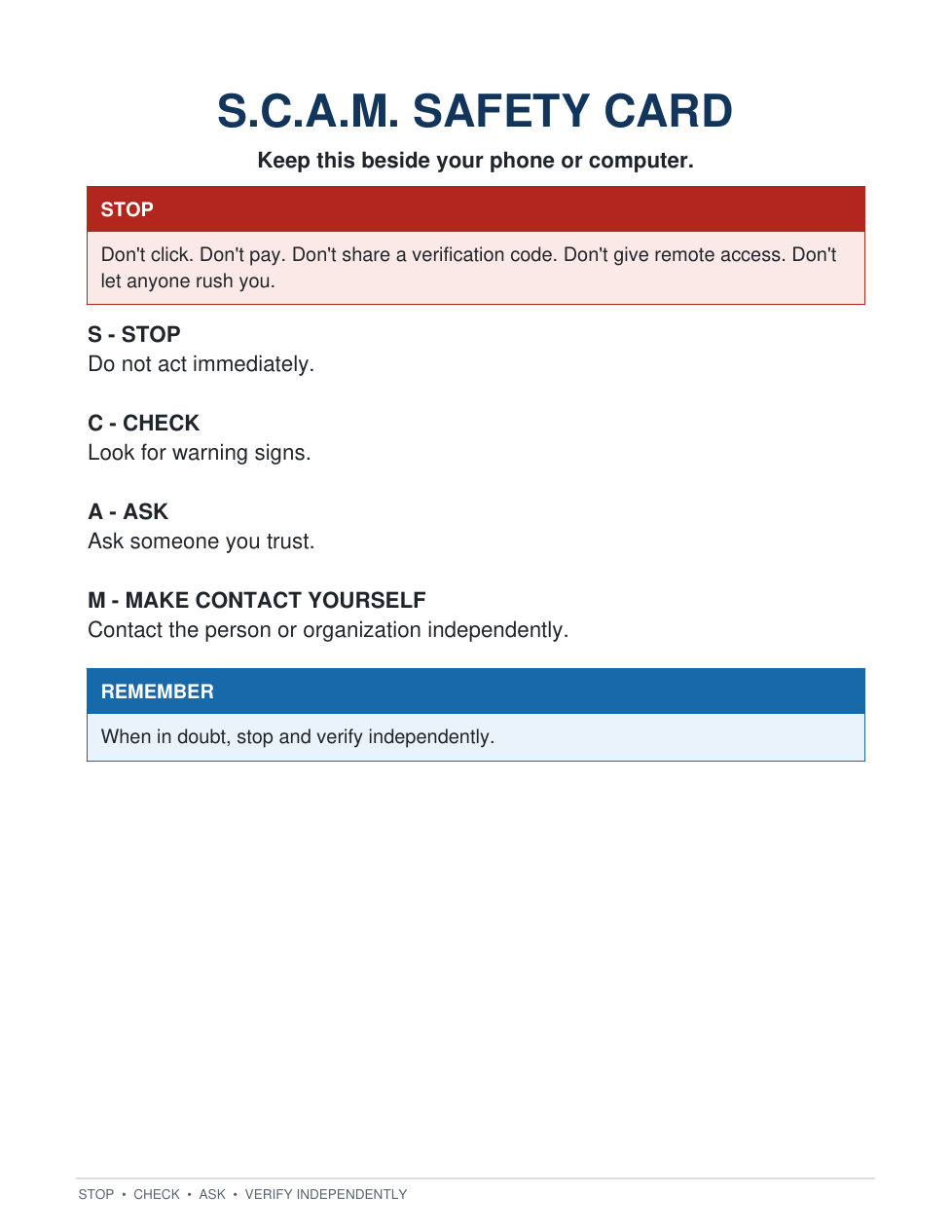 Actual S.C.A.M. Safety Card printable