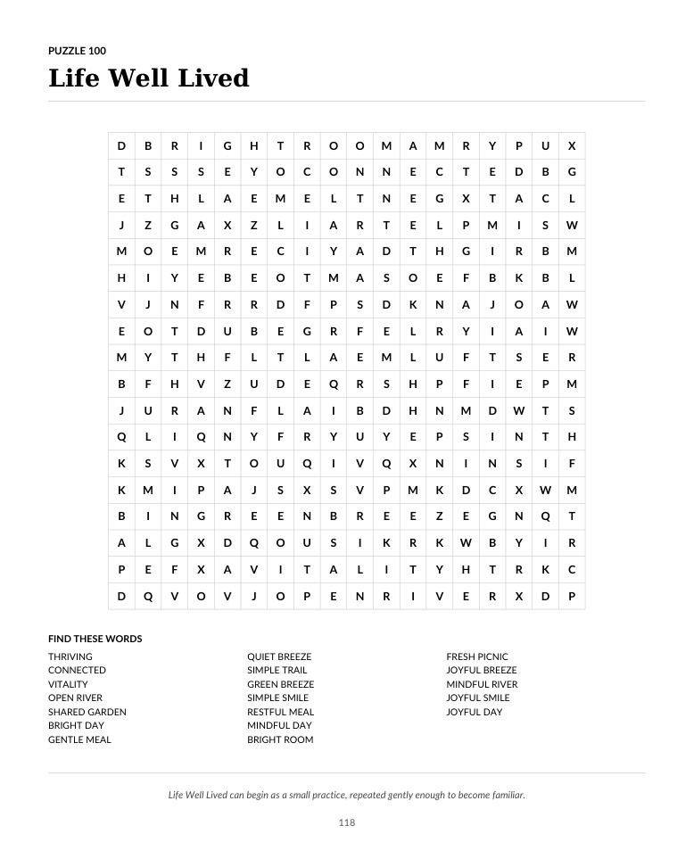 Solution page from The Mindful Word Search Book